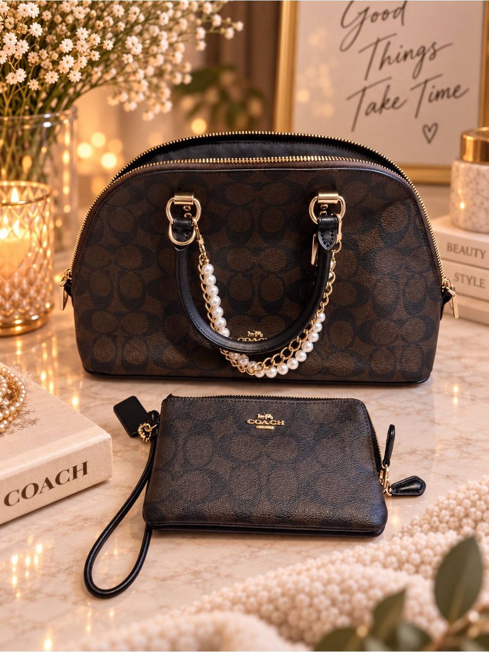 Coach Brown Signature Dome Satchel with Pearl-Chain Wristlet